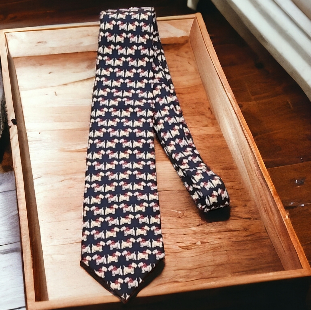 VINTAGE BEAUFORT Silk Dog Print Tie Navy Preppy Mens Necktie Yorkie Terrier - Picture 9 of 11